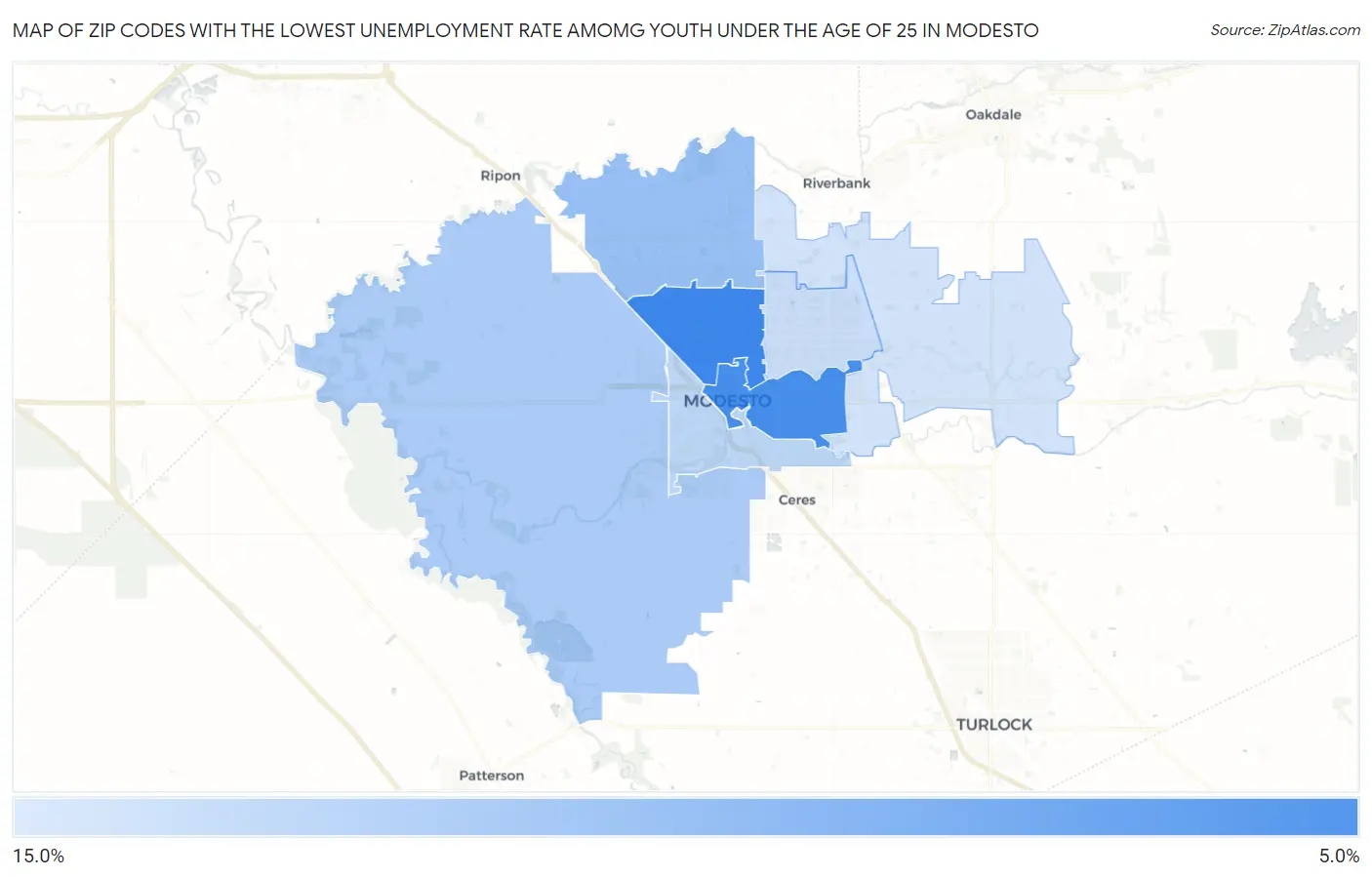 Zip Codes with the Lowest Unemployment Rate Amomg Youth Under the Age of 25 in Modesto Map