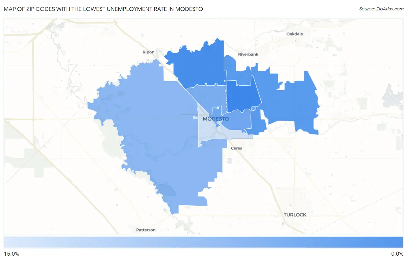 Zip Codes with the Lowest Unemployment Rate in Modesto Map