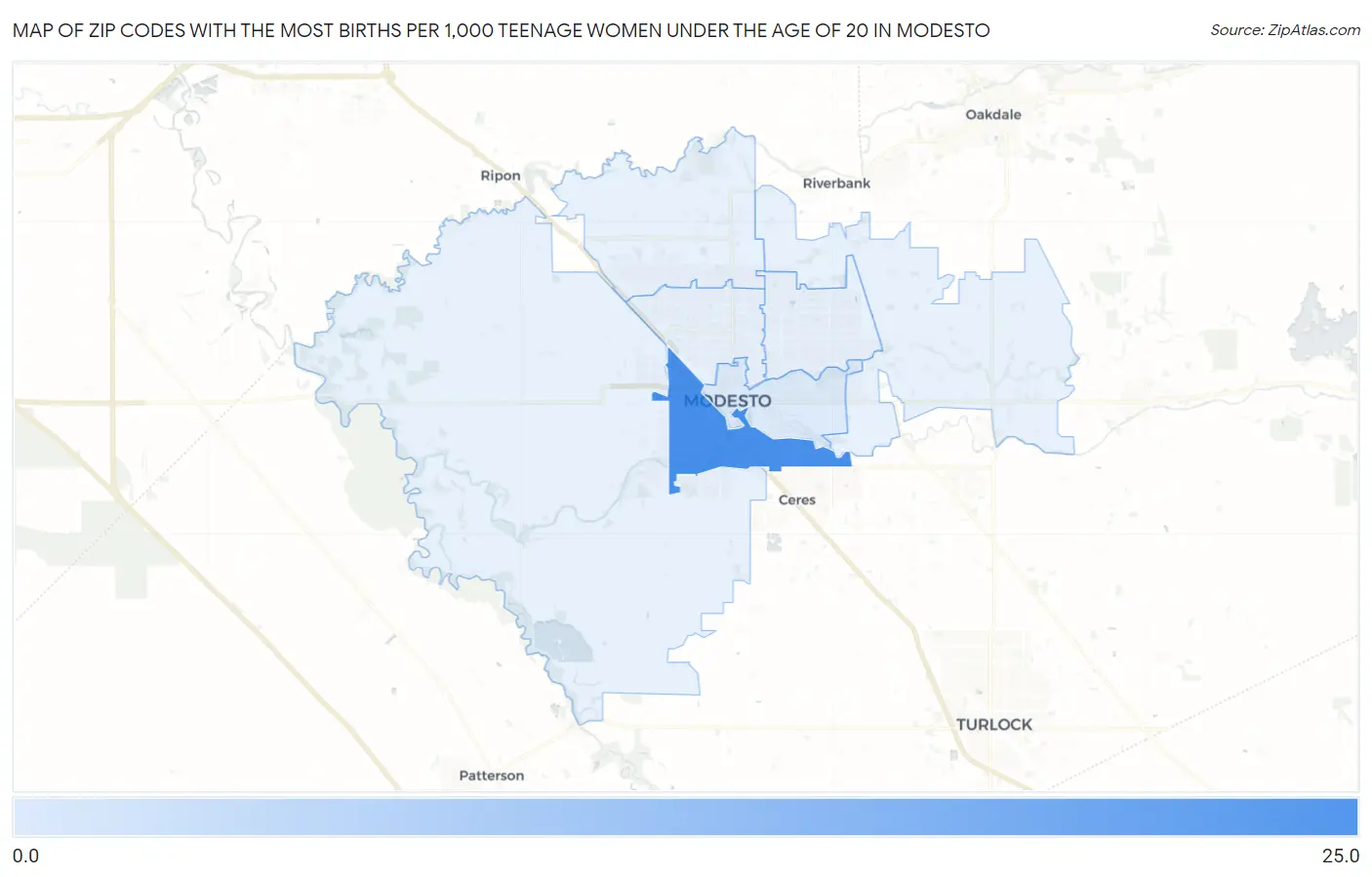 Zip Codes with the Most Births per 1,000 Teenage Women Under the Age of 20 in Modesto Map