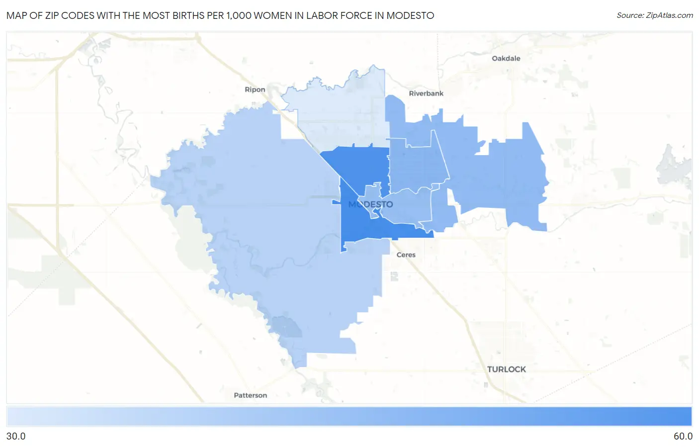 Zip Codes with the Most Births per 1,000 Women in Labor Force in Modesto Map