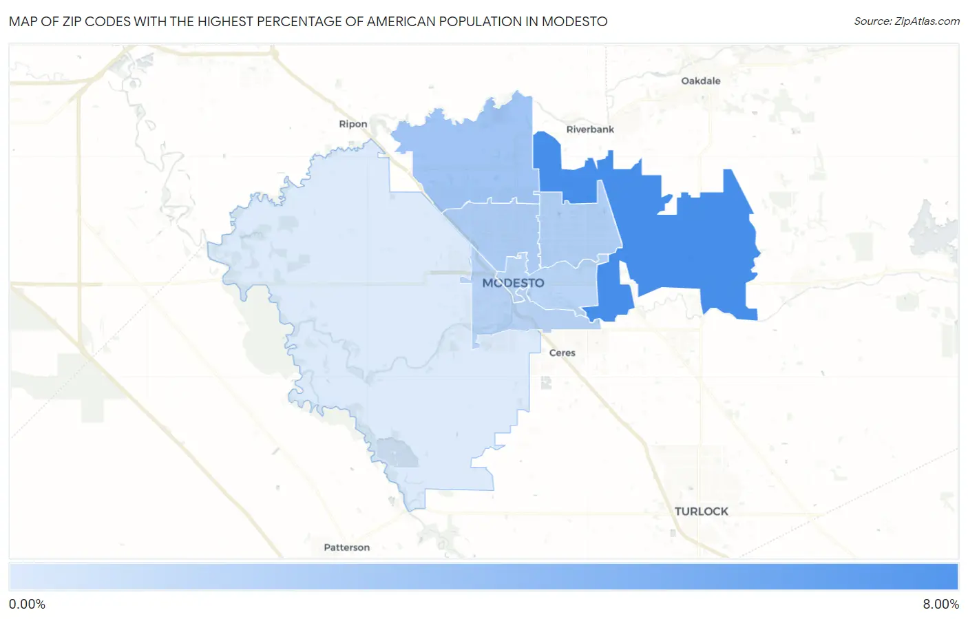 Zip Codes with the Highest Percentage of American Population in Modesto Map