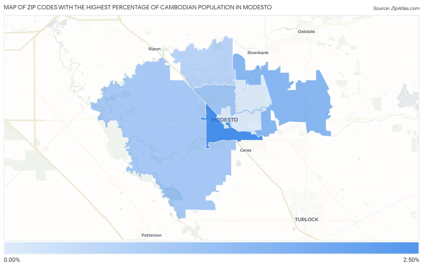 Zip Codes with the Highest Percentage of Cambodian Population in Modesto Map