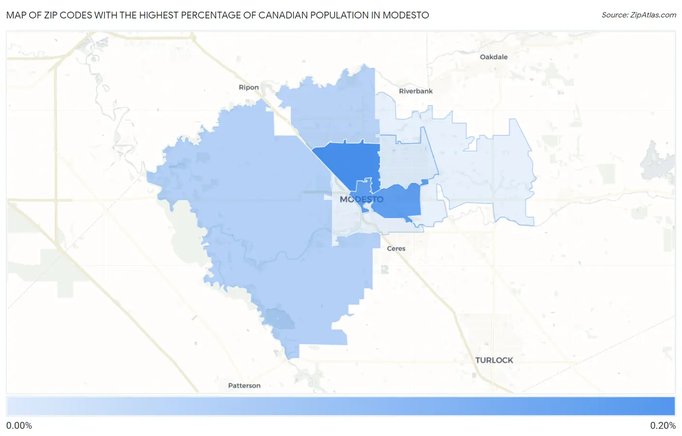 Zip Codes with the Highest Percentage of Canadian Population in Modesto Map