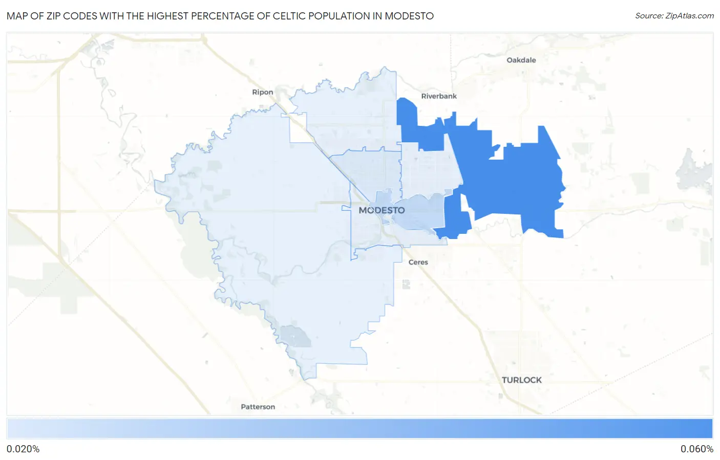 Zip Codes with the Highest Percentage of Celtic Population in Modesto Map