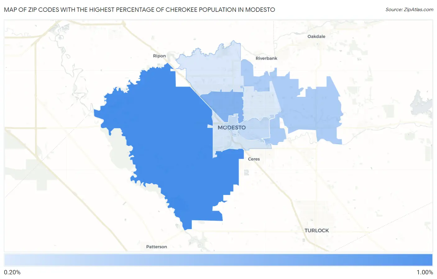 Zip Codes with the Highest Percentage of Cherokee Population in Modesto Map