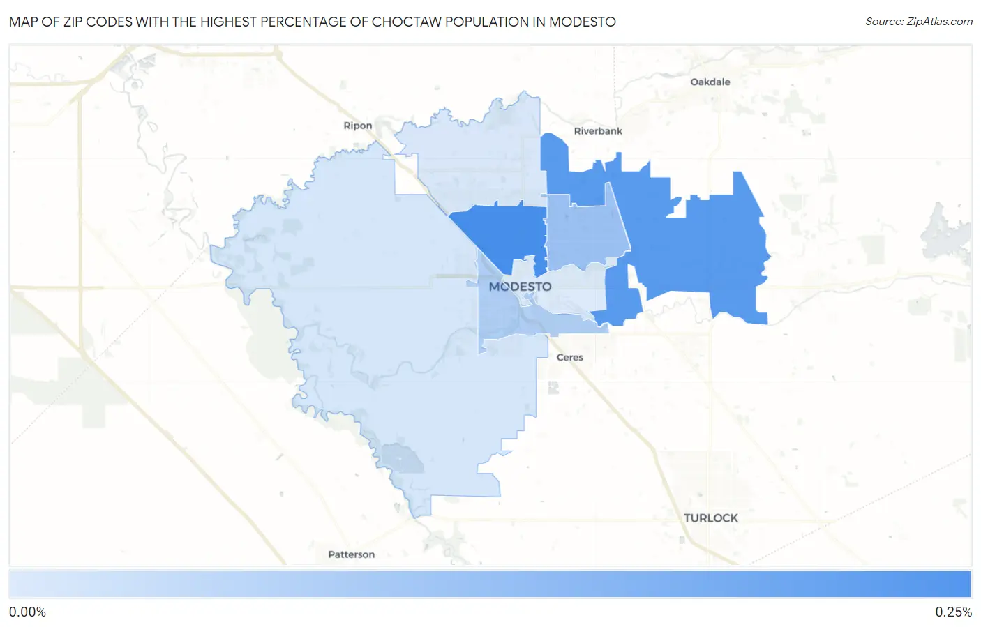 Zip Codes with the Highest Percentage of Choctaw Population in Modesto Map