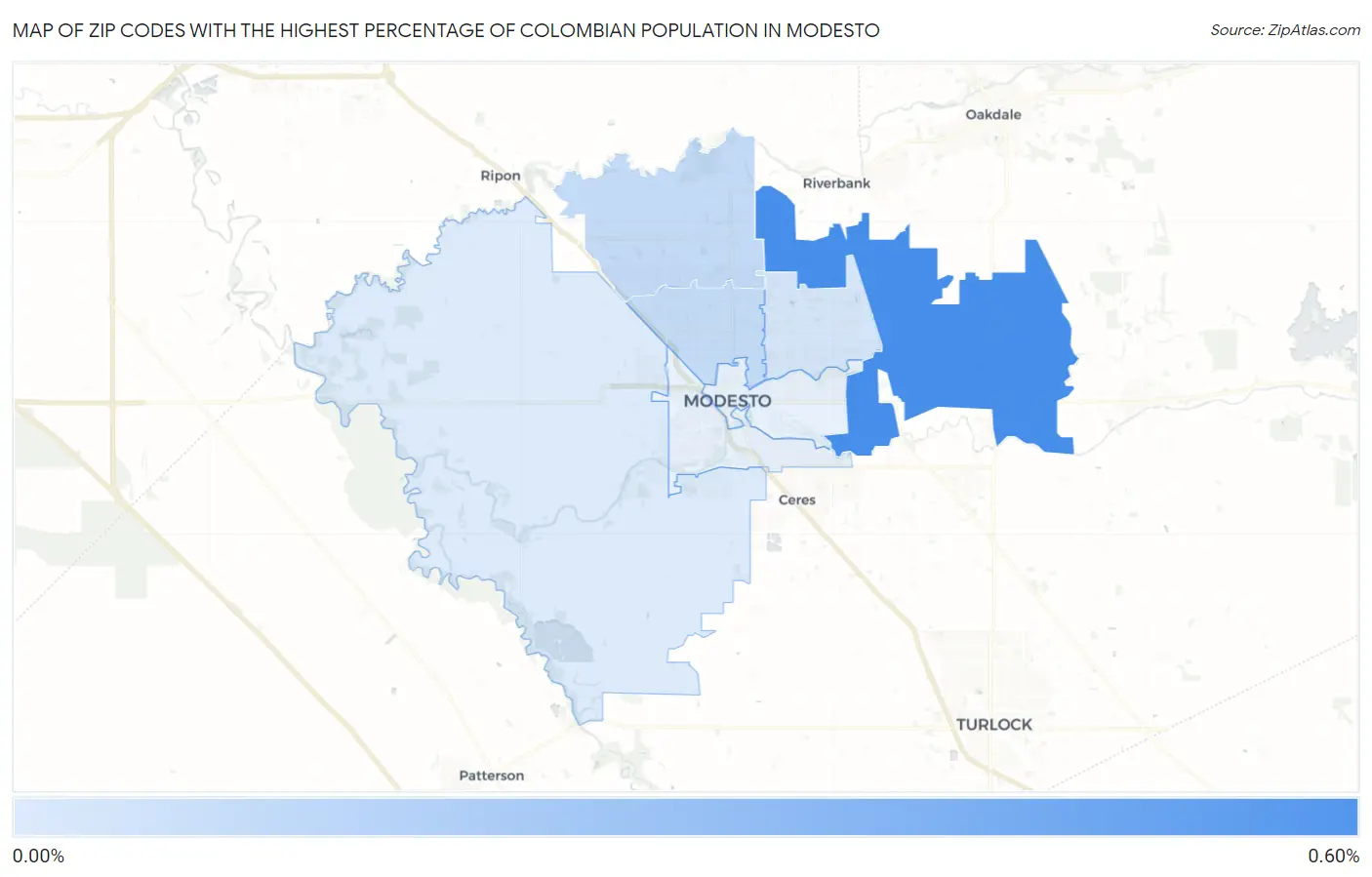 Zip Codes with the Highest Percentage of Colombian Population in Modesto Map