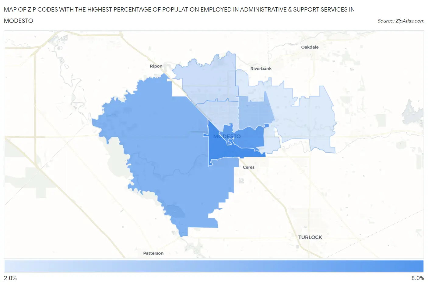 Zip Codes with the Highest Percentage of Population Employed in Administrative & Support Services in Modesto Map