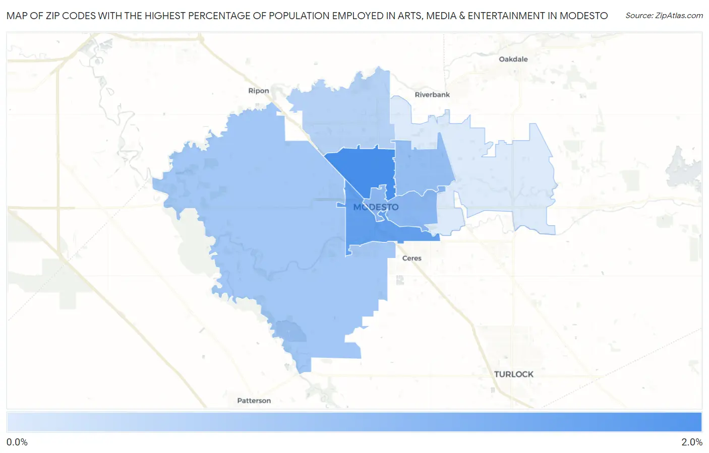 Zip Codes with the Highest Percentage of Population Employed in Arts, Media & Entertainment in Modesto Map