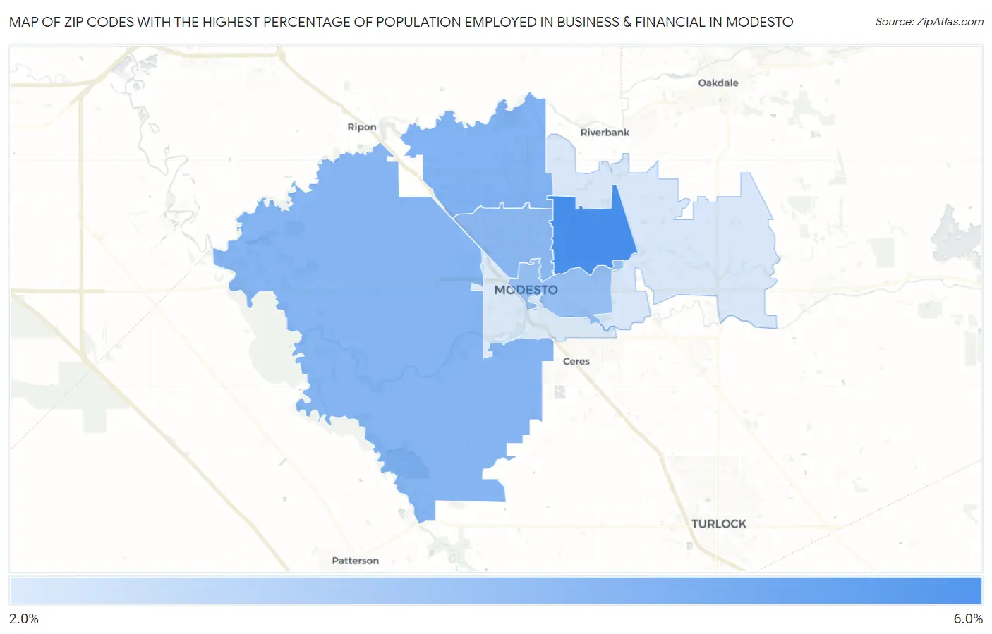 Zip Codes with the Highest Percentage of Population Employed in Business & Financial in Modesto Map