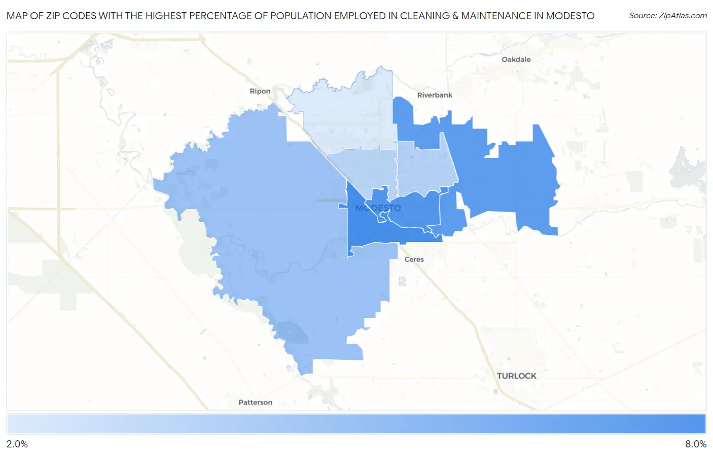 Zip Codes with the Highest Percentage of Population Employed in Cleaning & Maintenance in Modesto Map