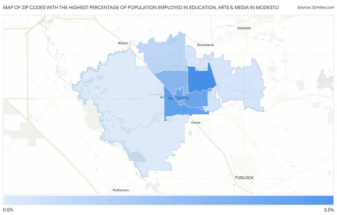 Zip Codes with the Highest Percentage of Population Employed in Education, Arts & Media in Modesto Map