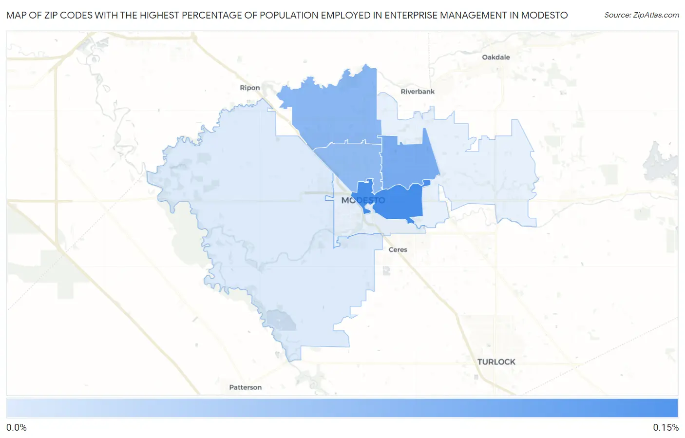 Zip Codes with the Highest Percentage of Population Employed in Enterprise Management in Modesto Map