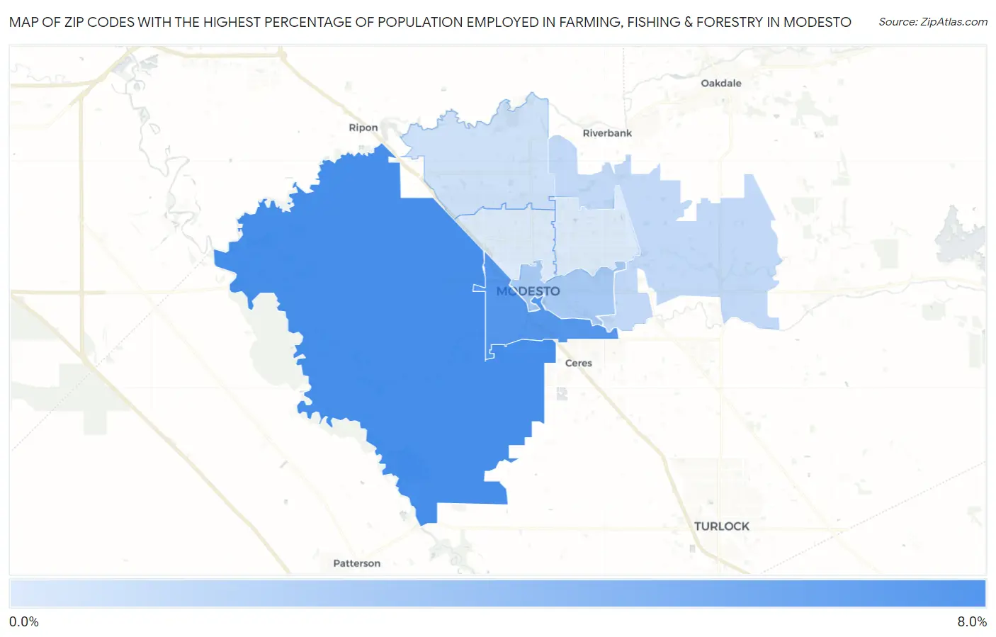 Zip Codes with the Highest Percentage of Population Employed in Farming, Fishing & Forestry in Modesto Map