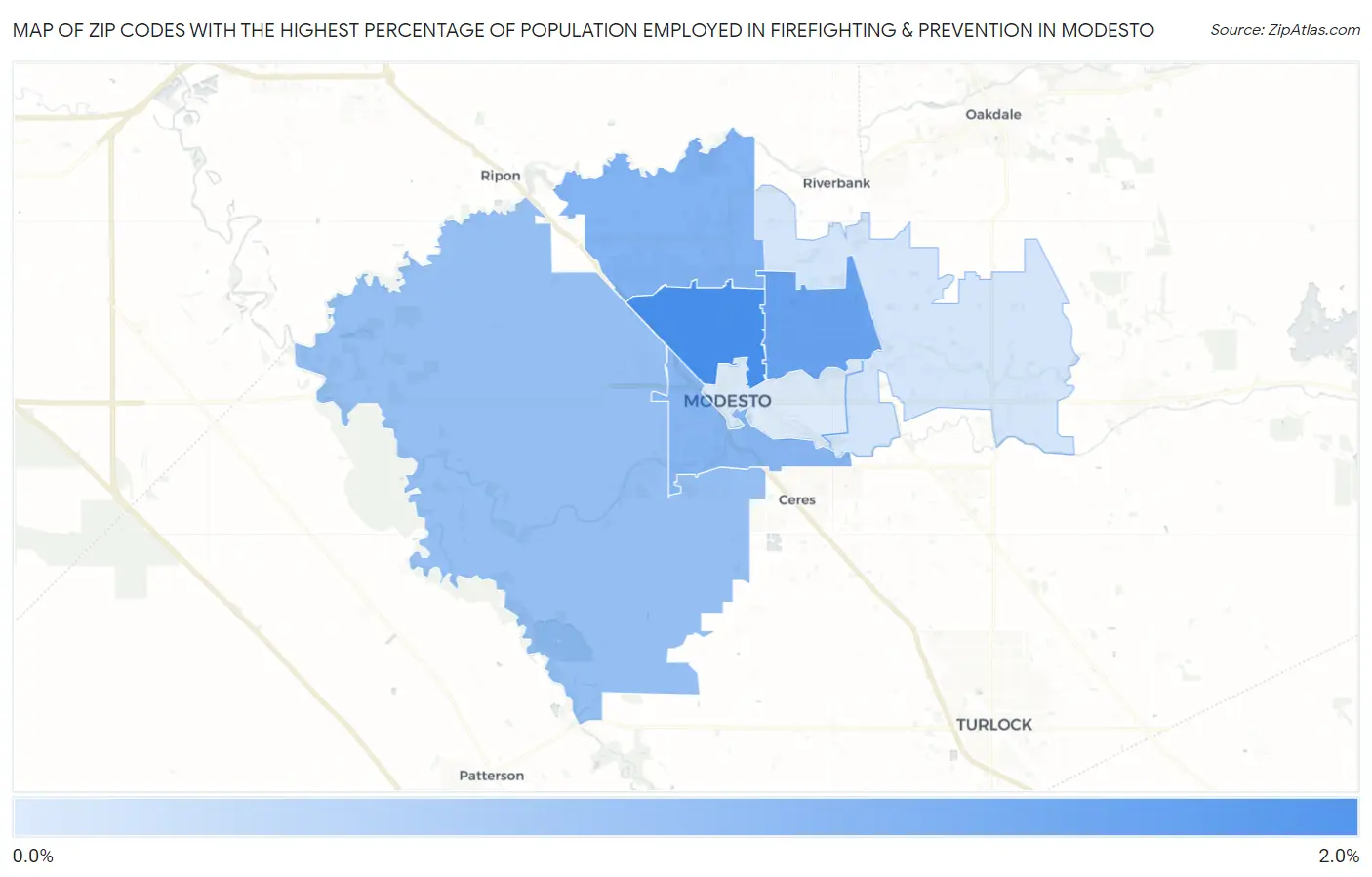 Zip Codes with the Highest Percentage of Population Employed in Firefighting & Prevention in Modesto Map