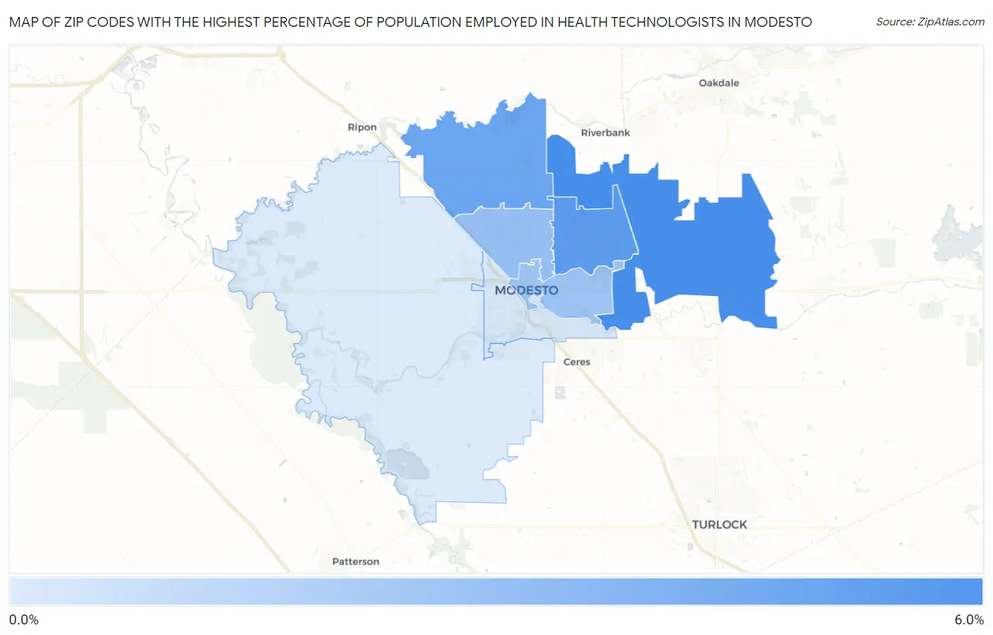 Zip Codes with the Highest Percentage of Population Employed in Health Technologists in Modesto Map