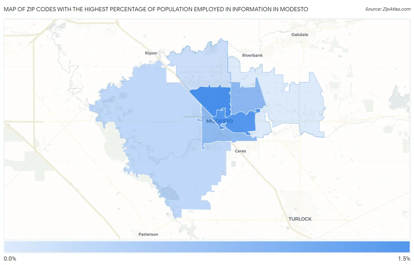 Zip Codes with the Highest Percentage of Population Employed in Information in Modesto Map