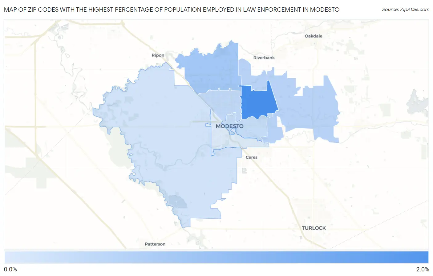 Zip Codes with the Highest Percentage of Population Employed in Law Enforcement in Modesto Map