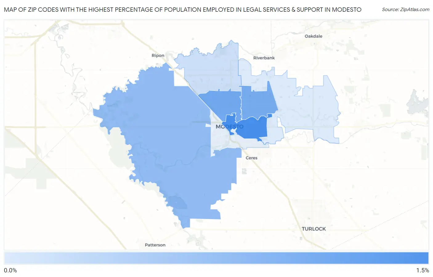 Zip Codes with the Highest Percentage of Population Employed in Legal Services & Support in Modesto Map
