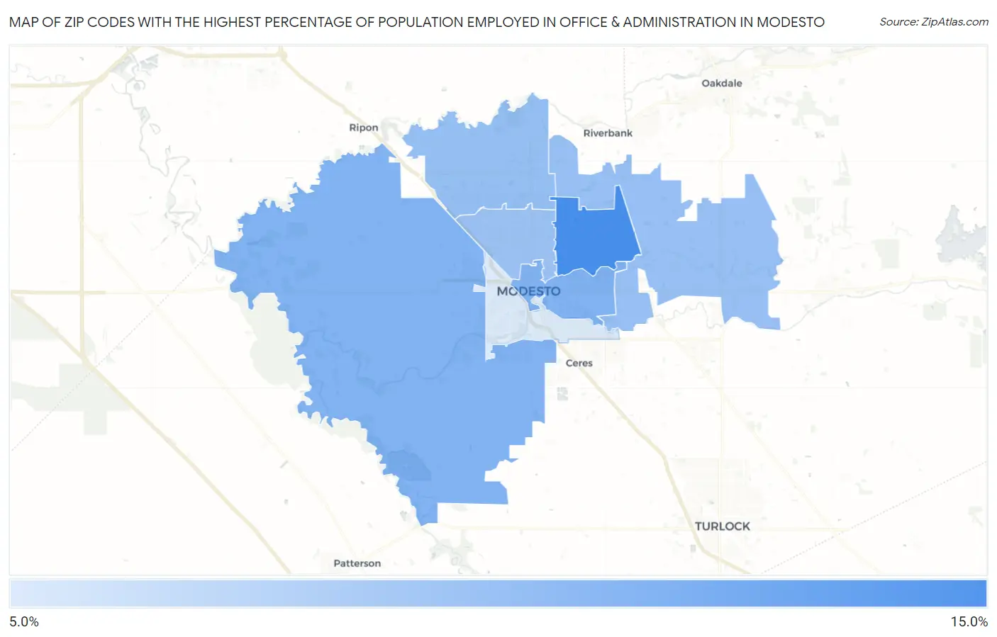 Zip Codes with the Highest Percentage of Population Employed in Office & Administration in Modesto Map