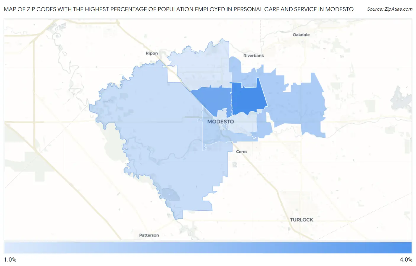 Zip Codes with the Highest Percentage of Population Employed in Personal Care and Service in Modesto Map