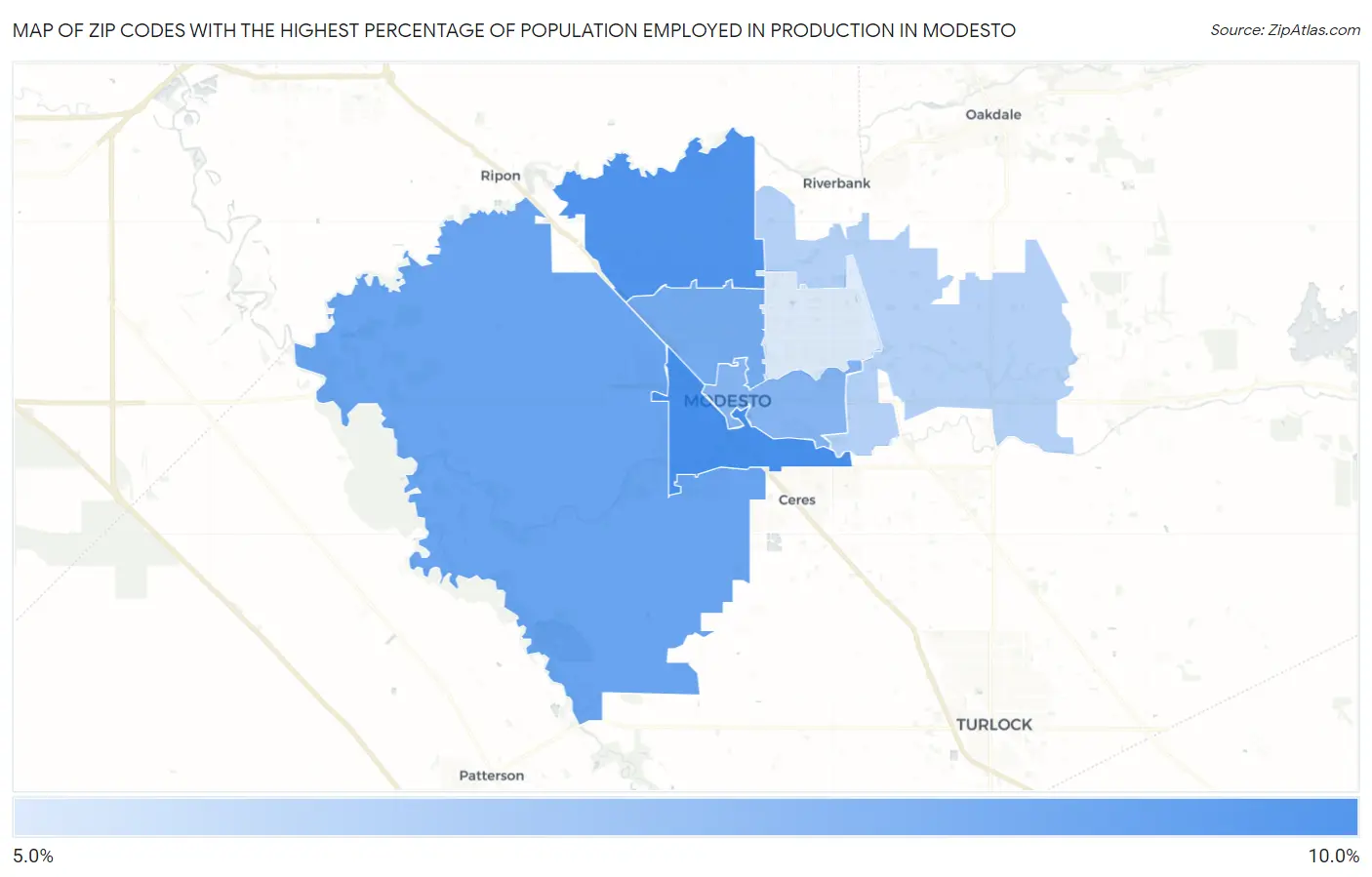 Zip Codes with the Highest Percentage of Population Employed in Production in Modesto Map