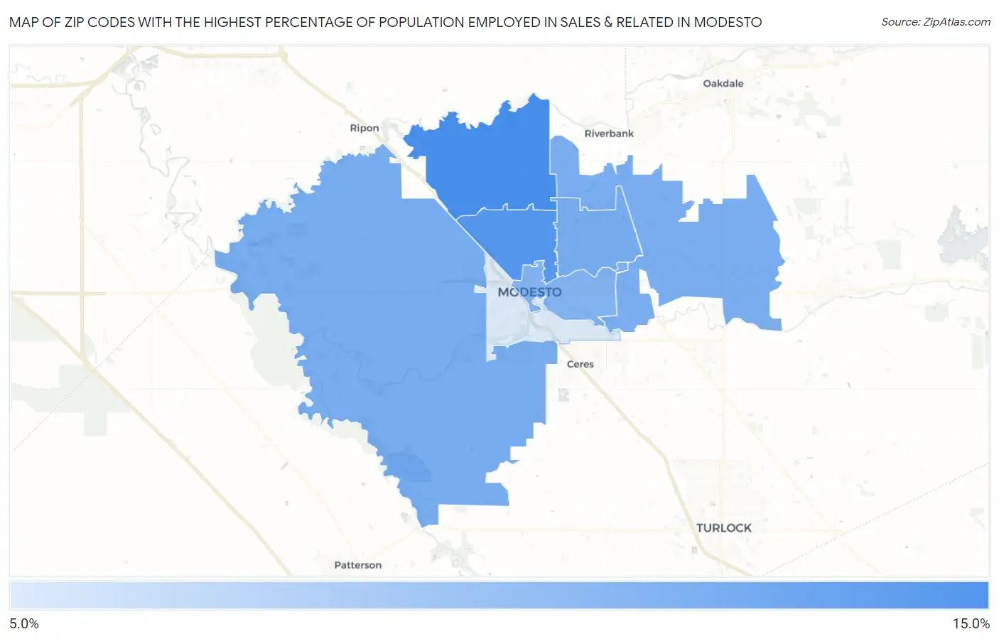 Zip Codes with the Highest Percentage of Population Employed in Sales & Related in Modesto Map
