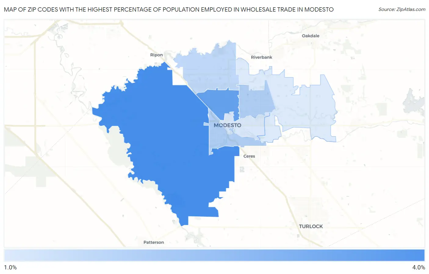 Zip Codes with the Highest Percentage of Population Employed in Wholesale Trade in Modesto Map