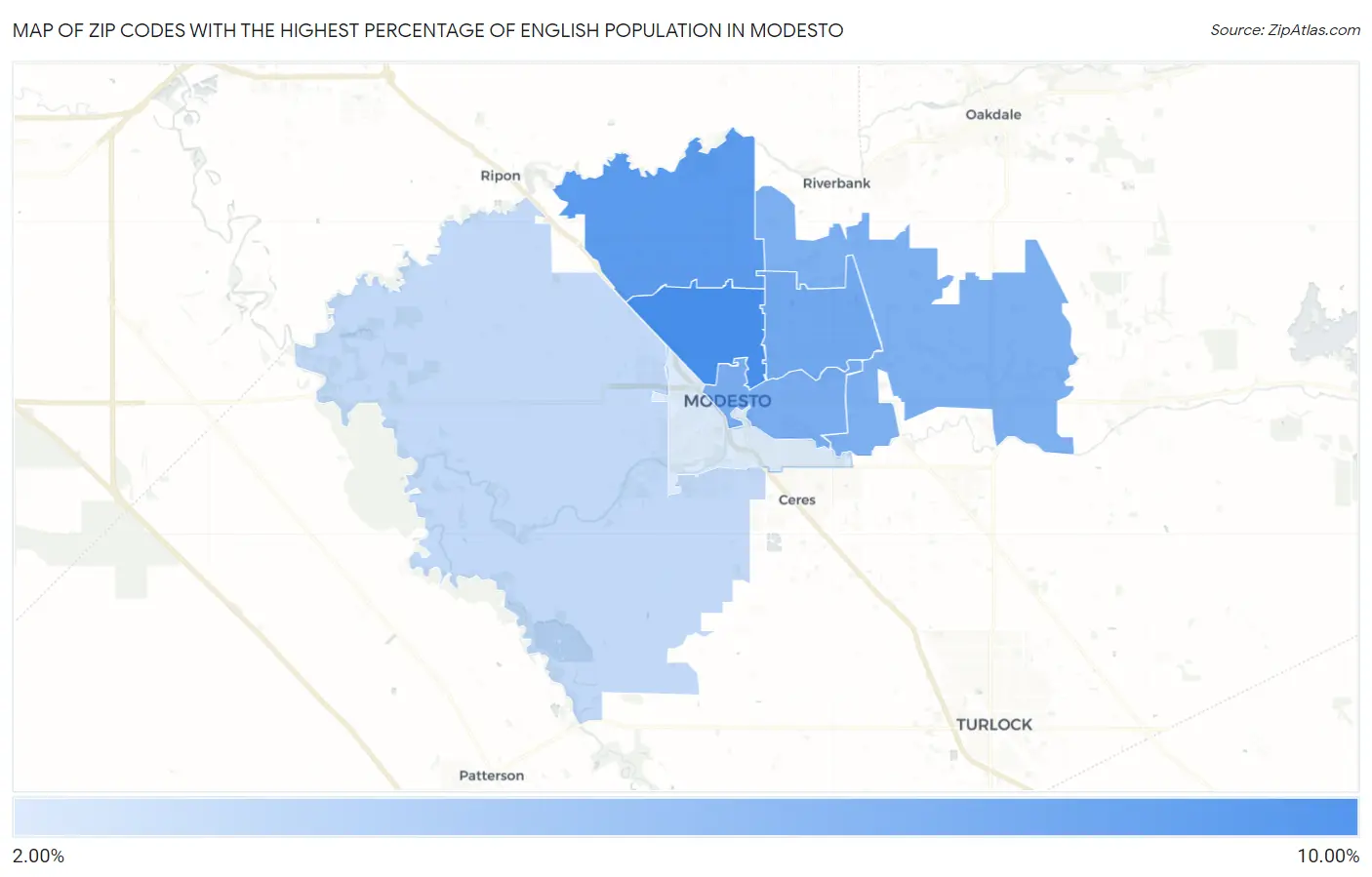Zip Codes with the Highest Percentage of English Population in Modesto Map