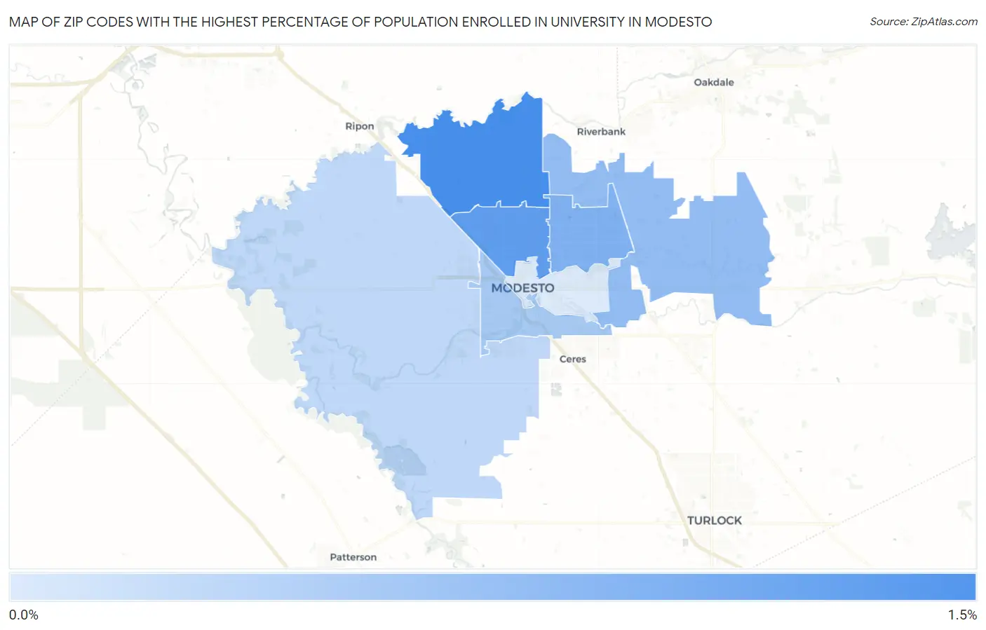 Zip Codes with the Highest Percentage of Population Enrolled in University in Modesto Map