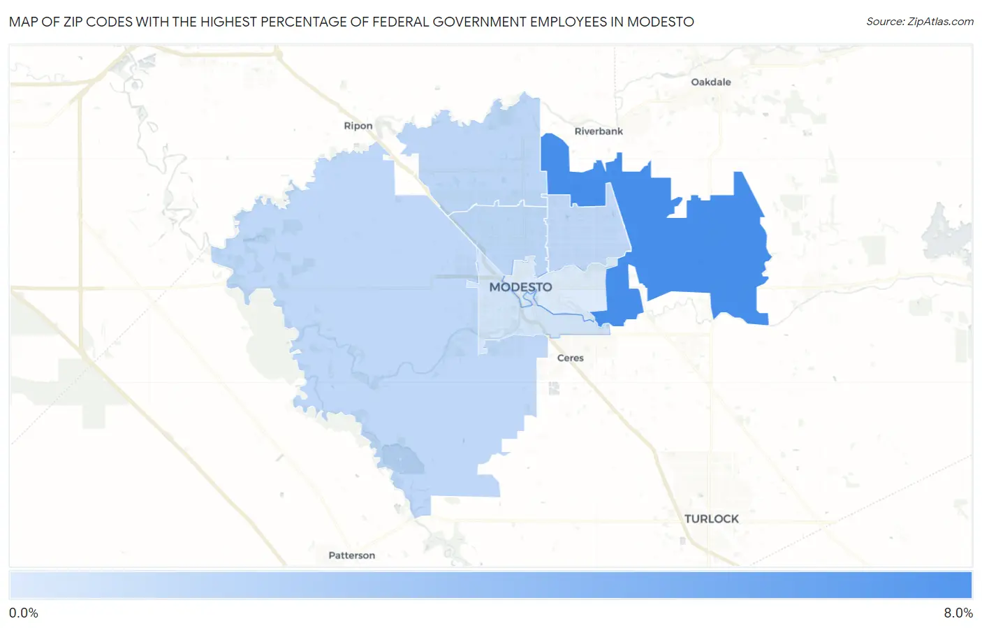 Zip Codes with the Highest Percentage of Federal Government Employees in Modesto Map