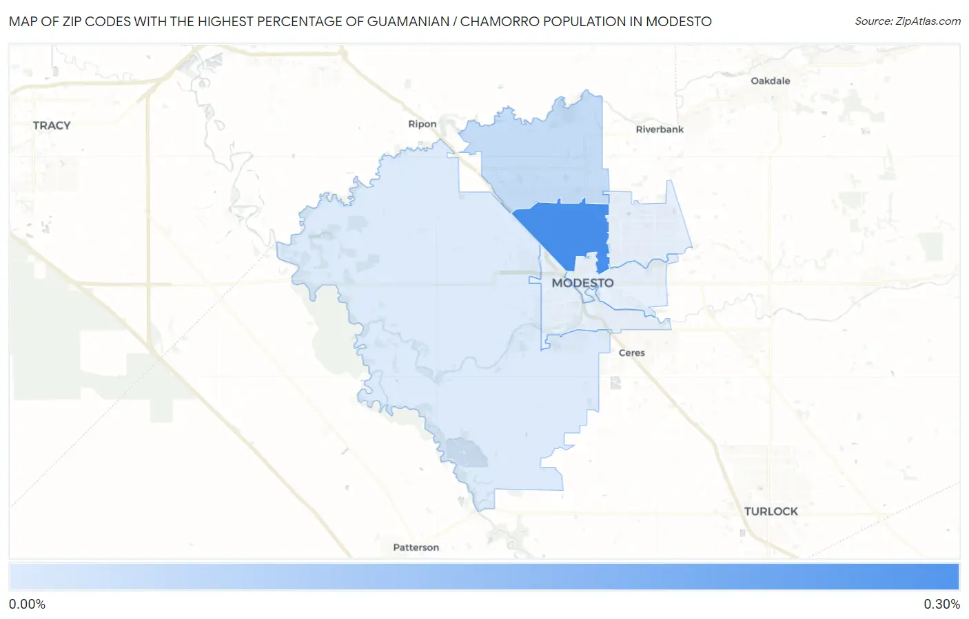 Zip Codes with the Highest Percentage of Guamanian / Chamorro Population in Modesto Map