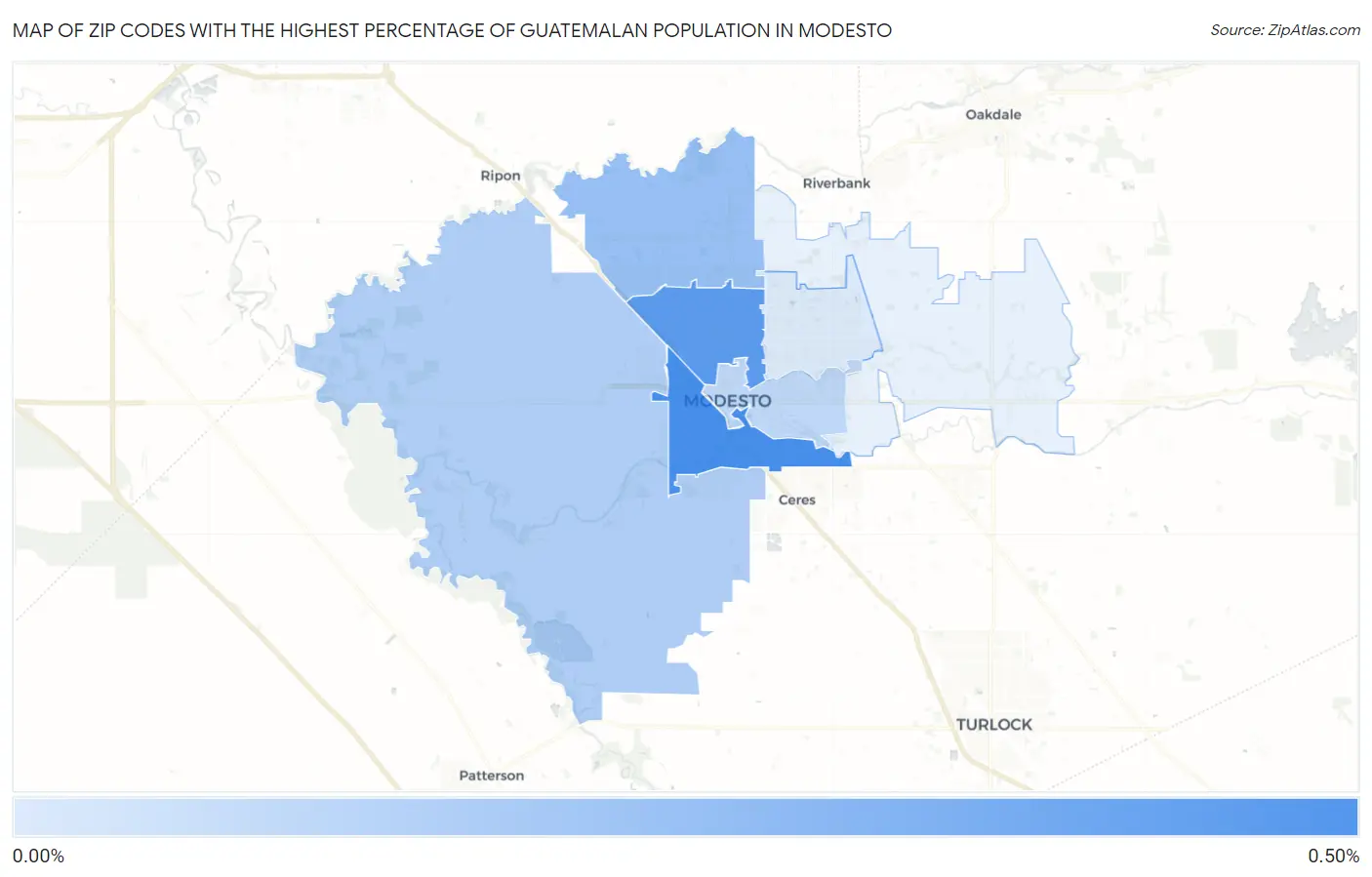 Zip Codes with the Highest Percentage of Guatemalan Population in Modesto Map