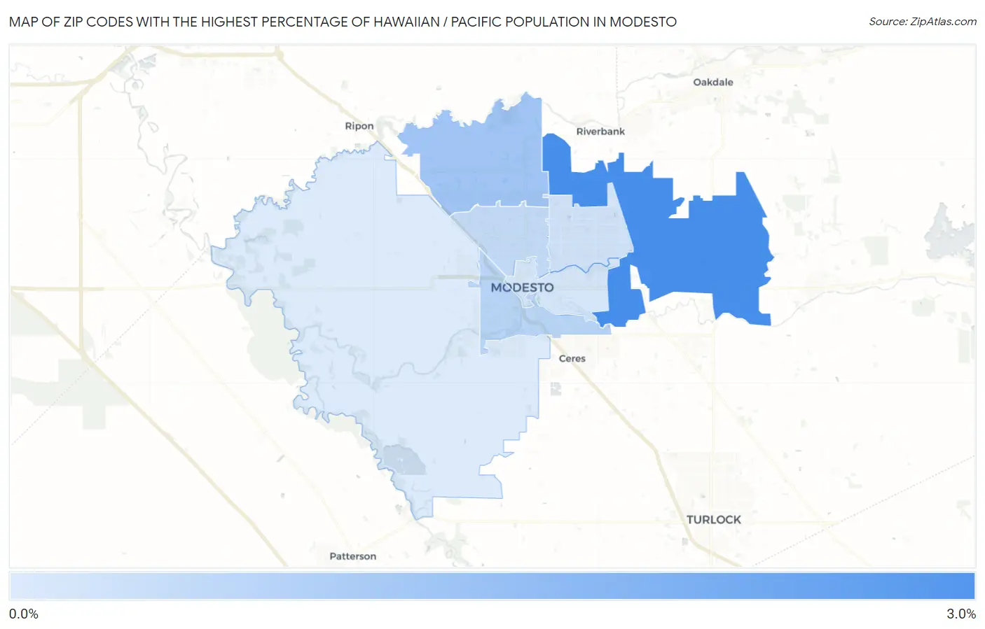 Zip Codes with the Highest Percentage of Hawaiian / Pacific Population in Modesto Map