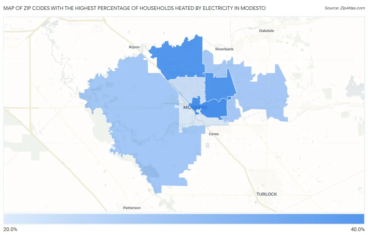 Zip Codes with the Highest Percentage of Households Heated by Electricity in Modesto Map