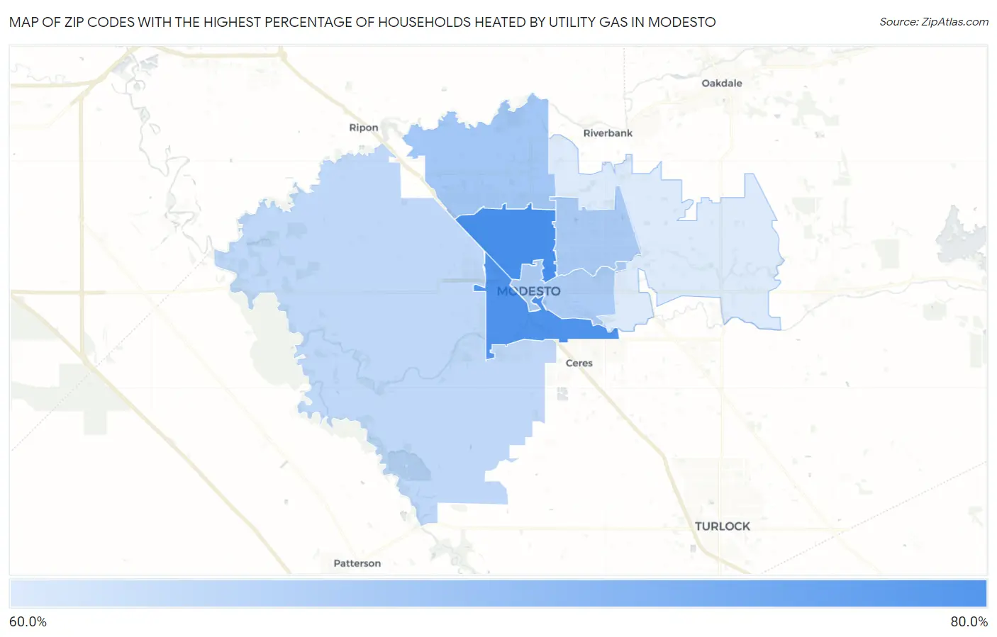Zip Codes with the Highest Percentage of Households Heated by Utility Gas in Modesto Map