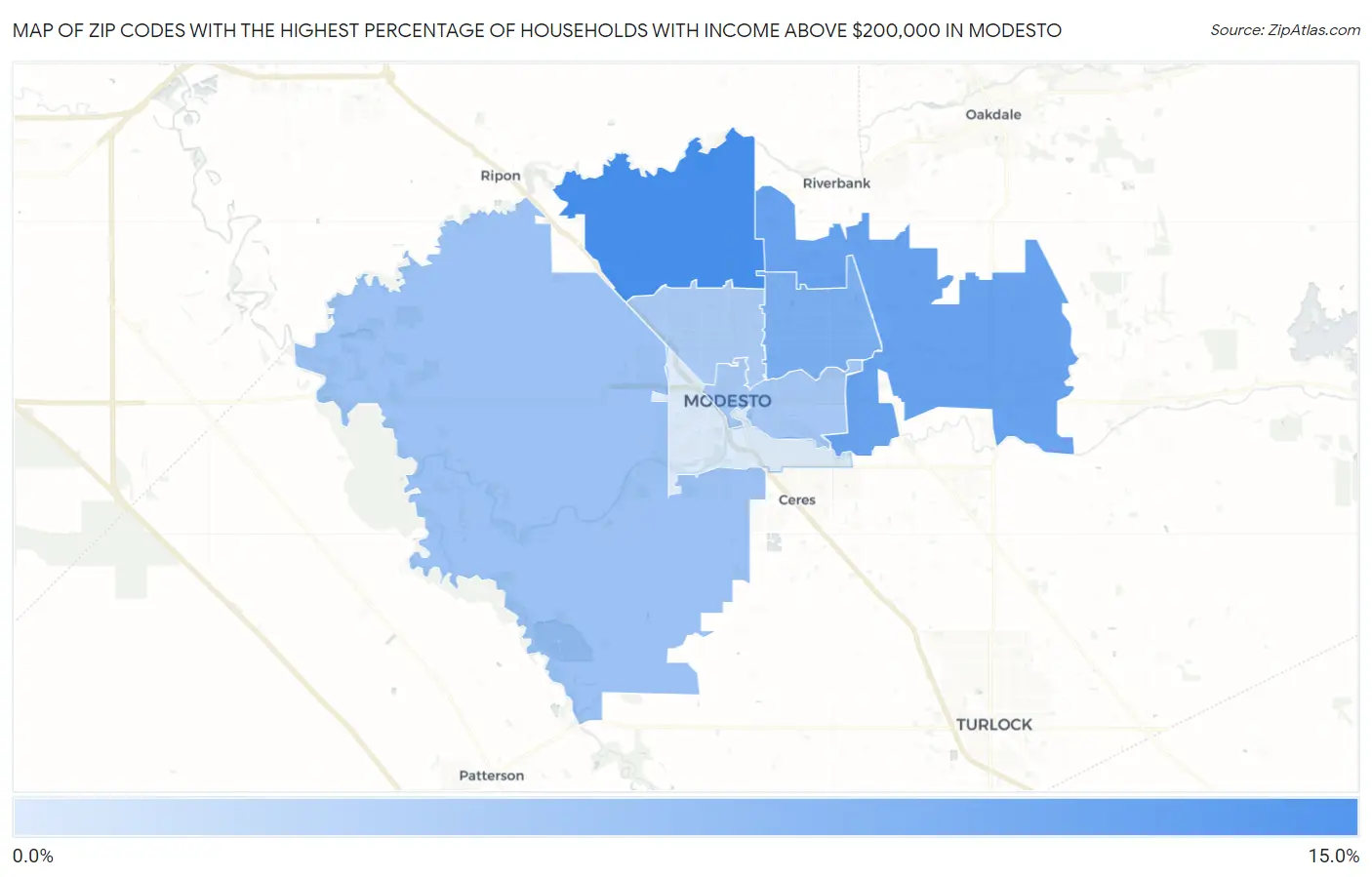 Zip Codes with the Highest Percentage of Households with Income Above $200,000 in Modesto Map