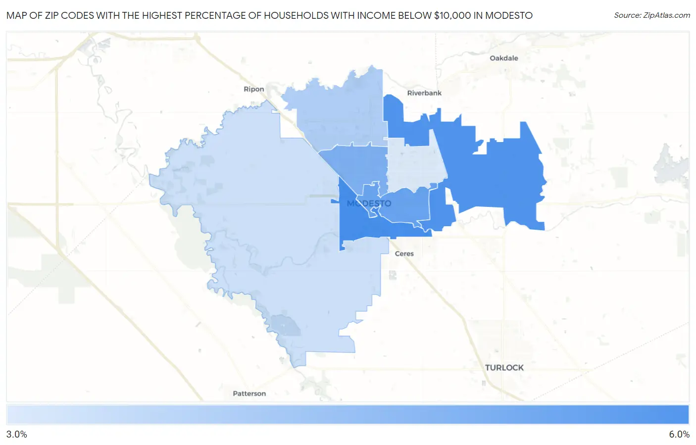 Zip Codes with the Highest Percentage of Households with Income Below $10,000 in Modesto Map