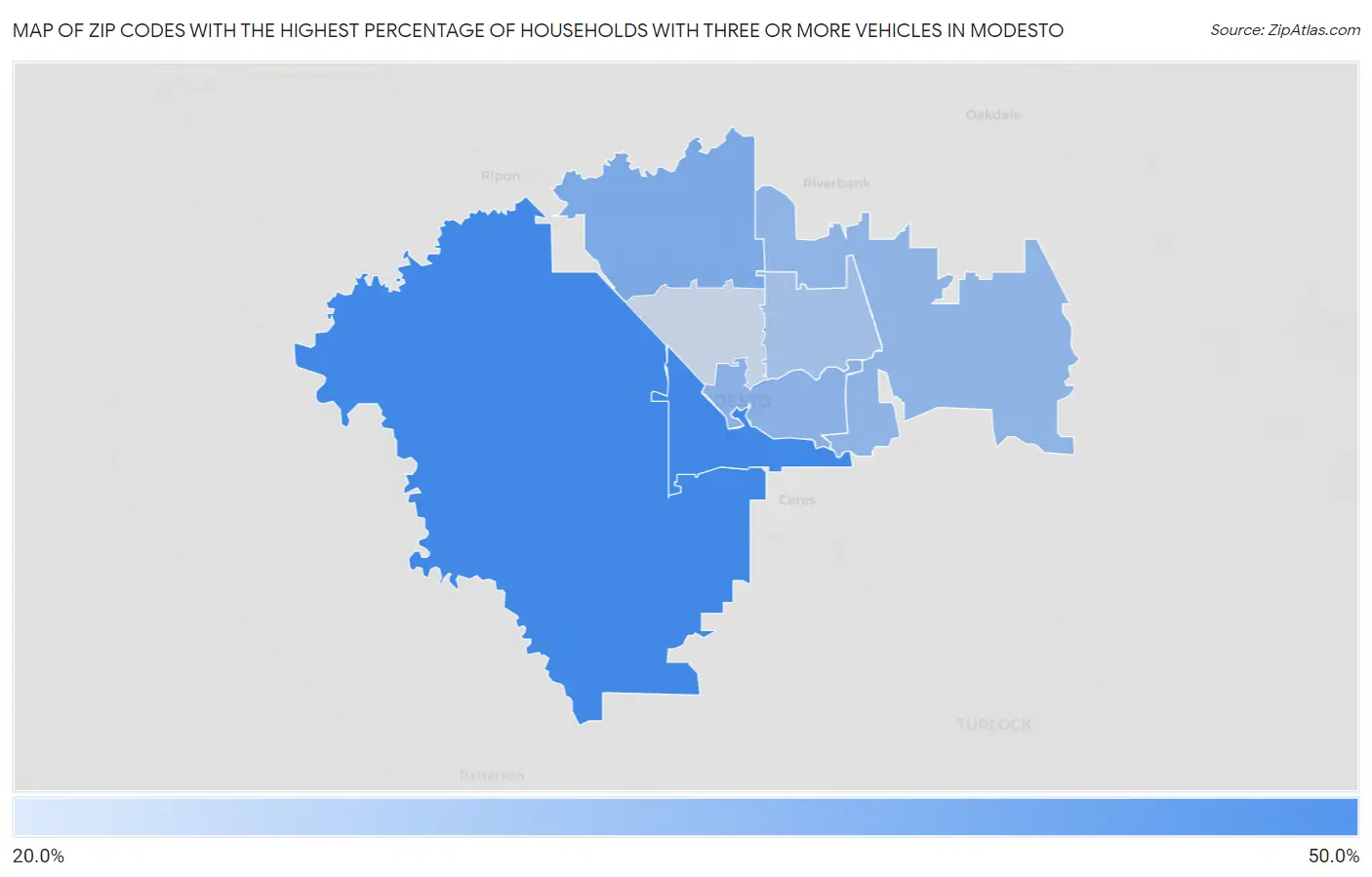 Zip Codes with the Highest Percentage of Households With Three or more Vehicles in Modesto Map