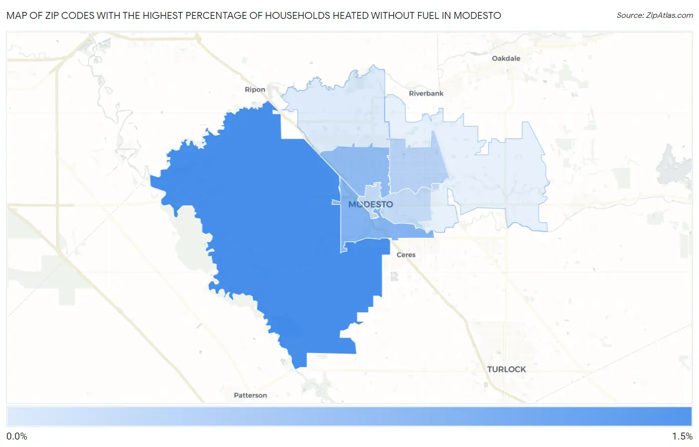 Zip Codes with the Highest Percentage of Households Heated without Fuel in Modesto Map
