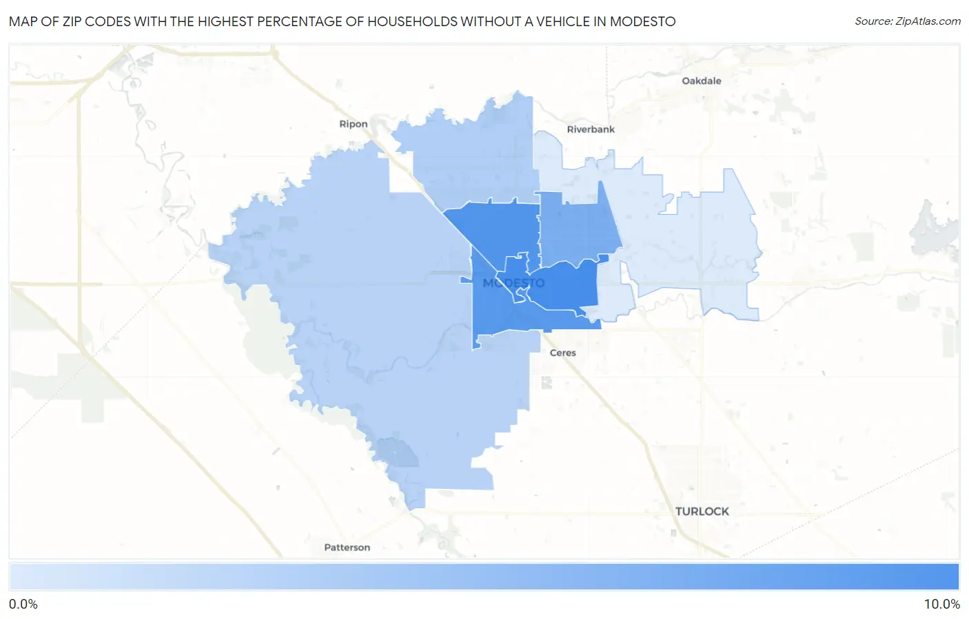 Zip Codes with the Highest Percentage of Households Without a Vehicle in Modesto Map