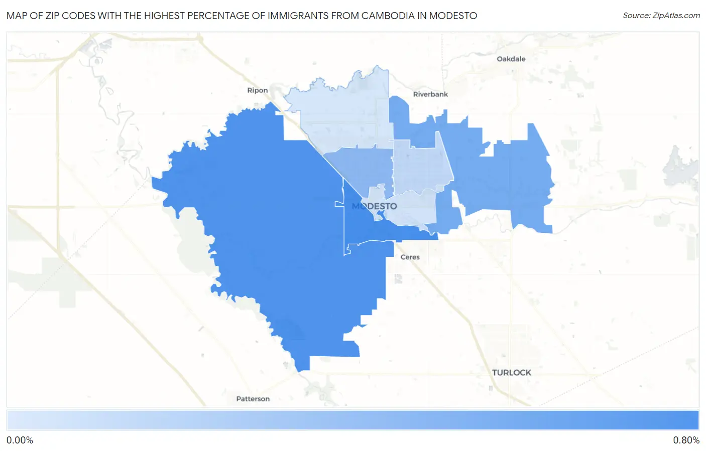 Zip Codes with the Highest Percentage of Immigrants from Cambodia in Modesto Map
