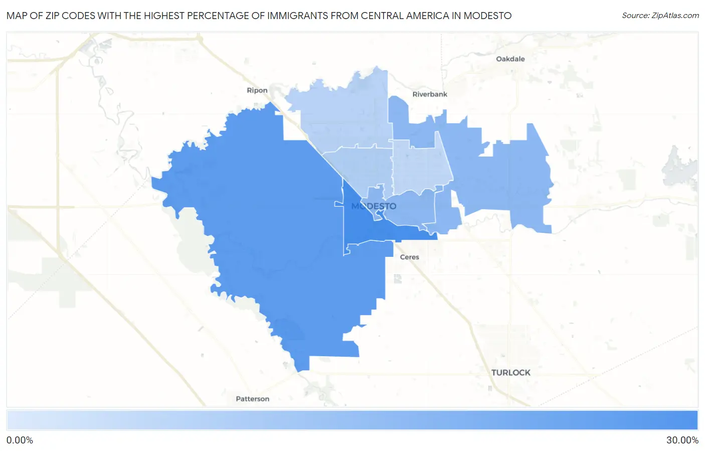 Zip Codes with the Highest Percentage of Immigrants from Central America in Modesto Map