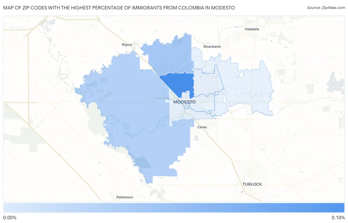 Zip Codes with the Highest Percentage of Immigrants from Colombia in Modesto Map