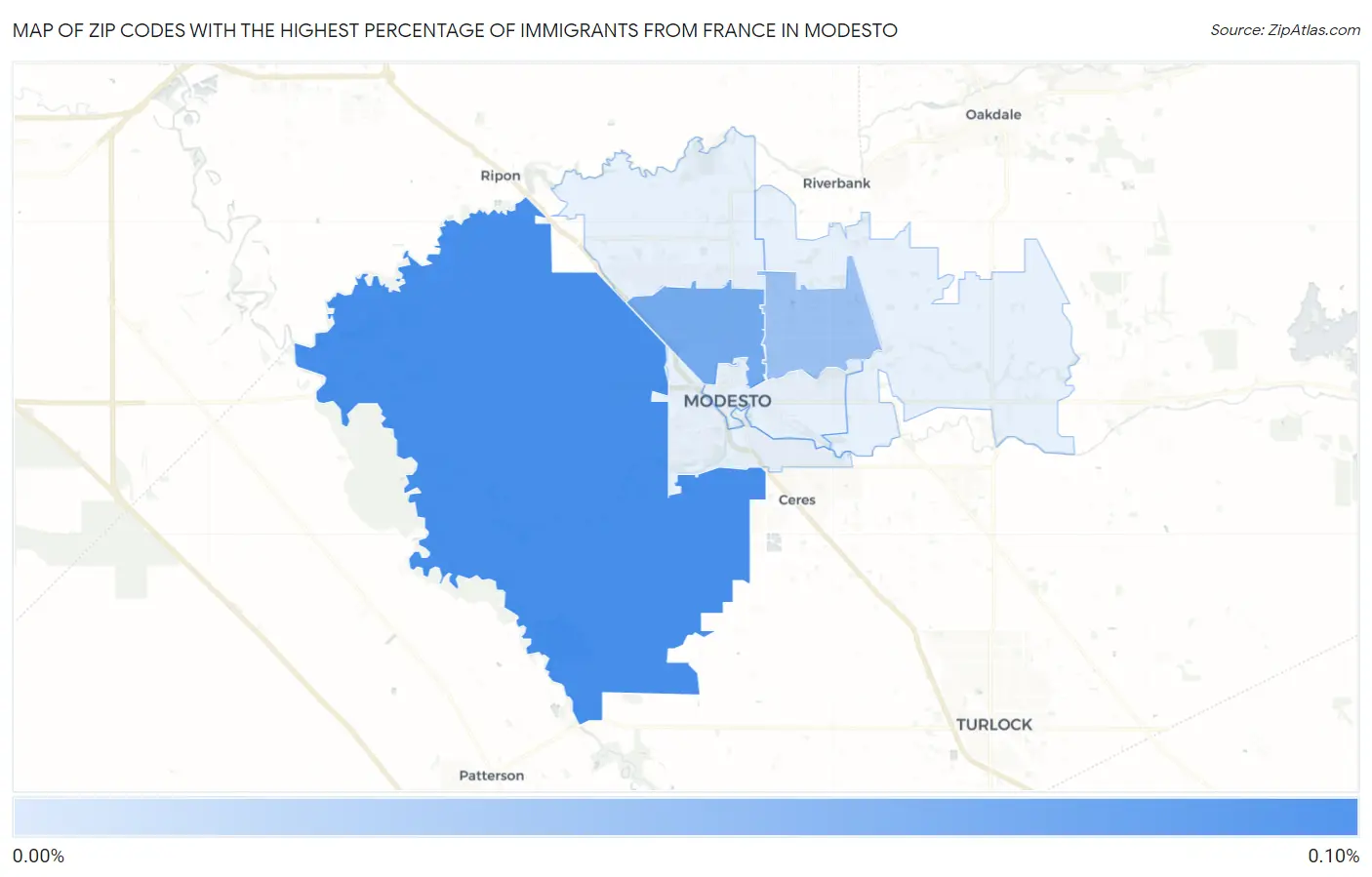 Zip Codes with the Highest Percentage of Immigrants from France in Modesto Map