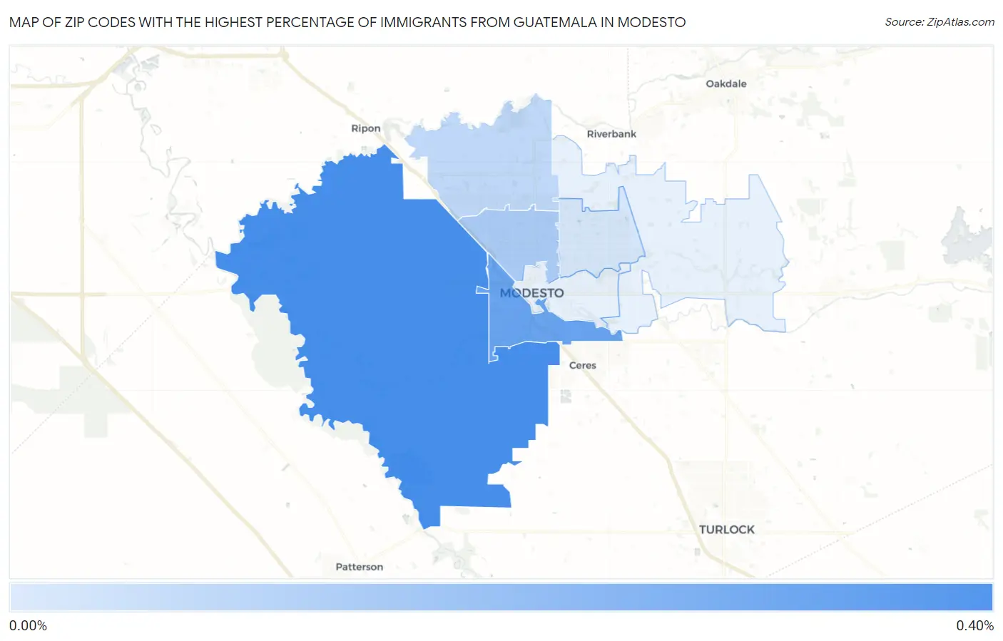 Zip Codes with the Highest Percentage of Immigrants from Guatemala in Modesto Map