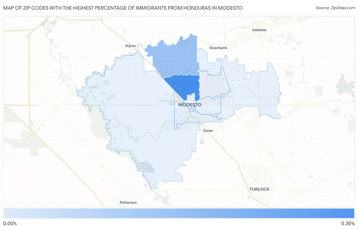 Zip Codes with the Highest Percentage of Immigrants from Honduras in Modesto Map