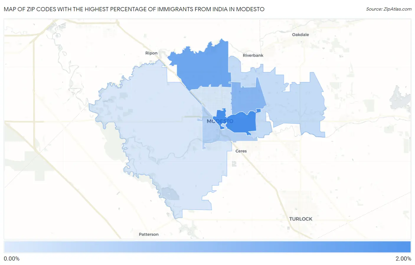 Zip Codes with the Highest Percentage of Immigrants from India in Modesto Map