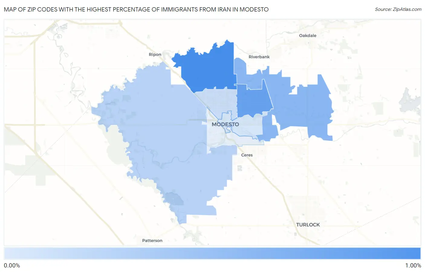 Zip Codes with the Highest Percentage of Immigrants from Iran in Modesto Map