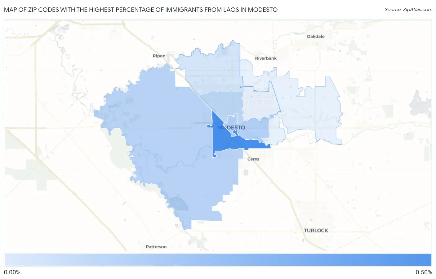 Zip Codes with the Highest Percentage of Immigrants from Laos in Modesto Map